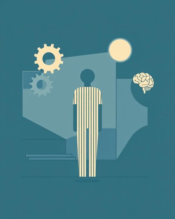 Immagine di una persona e un cervello, con ingranaggi interconnessi