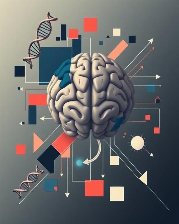A brain with various data and DNA symbols around it, depicting the intersection of biology, psychology, and environmental factors.