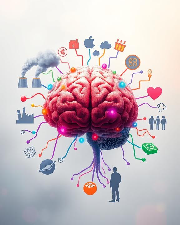 A human brain connected to various icons representing different aspects of life, such as factories, houses, and people, symbolizing the interconnectedness of the human mind with its environment.