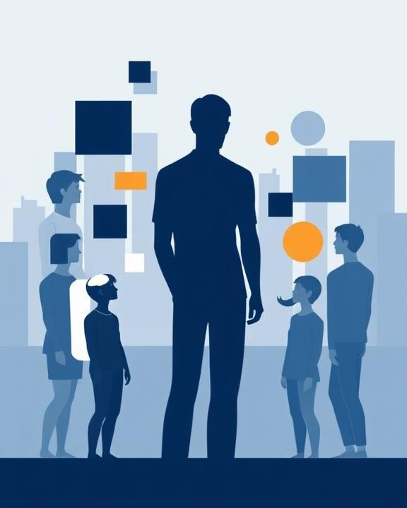A man is at the center of the image, while several people surround him. There are also rectangles, squares, and circles.