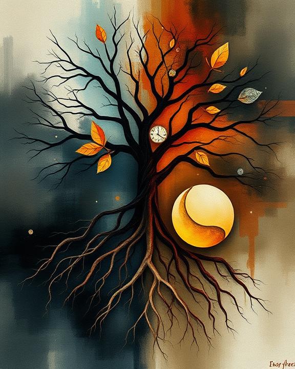 An abstract visual representation of trauma and healing in mental health, featuring interconnected roots and branches that symbolize the complexities of emotional experiences. The image illustrates a blend of dark and light colors, showing the journey from suffering to recovery, with elements that convey resilience and support.