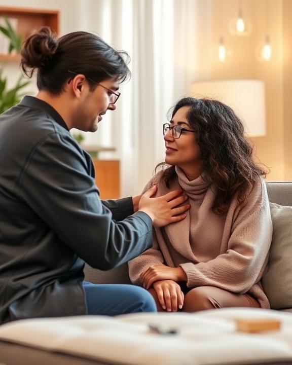 A thoughtful portrayal of an engaged mental health professional comforting a patient in a therapeutic setting, capturing a warm and inviting  atmosphere, highlighting the importance of empathy and understanding in mental health care.