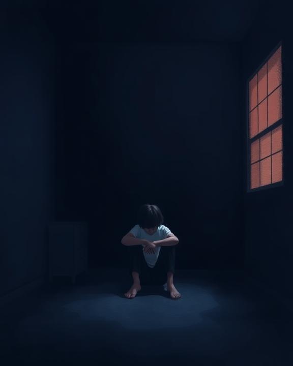 A somber  and empathetic illustration representing the theme of  mental health struggles, showing a person  sitting alone in a room filled with shadows,  depicting feelings of isolation and emotional pain.