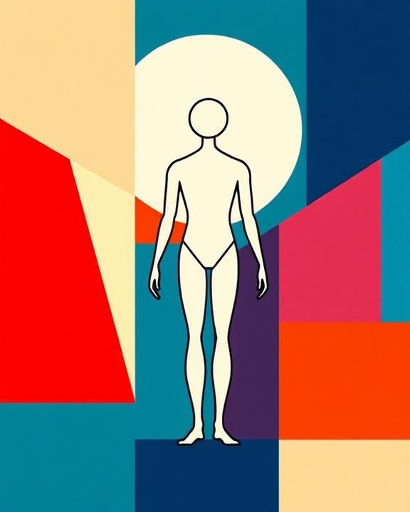 An iconic and artistic representation inspired by neoplasticism and constructivism, featuring a stylized human figure and geometric shapes, conveying themes of human emotion and mental health in a visually striking way.