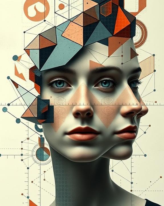 An abstract visualization of cognitive biases and deepfakes in artificial intelligence.