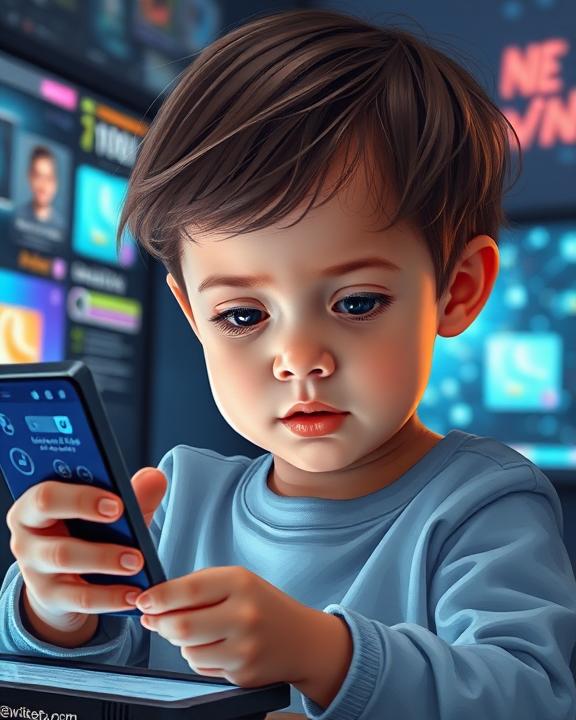 An artistic depiction of a child engaging with digital screens, showing signs of cognitive impact.