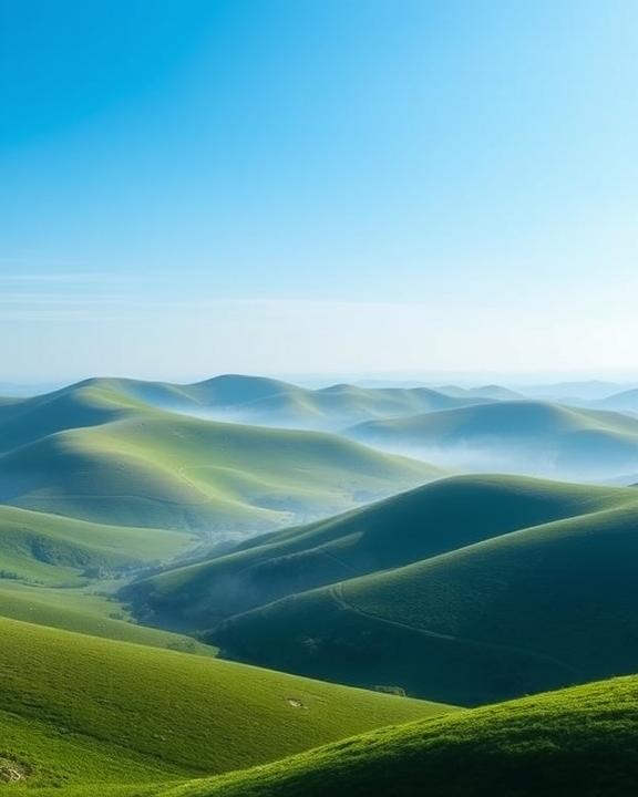 An artistic representation reflecting a serene and calm landscape with rolling hills under a clear blue sky, symbolizing mental health and well-being. The image should evoke a sense of tranquility and peace, with soft focus on lush greenery and gentle curves.