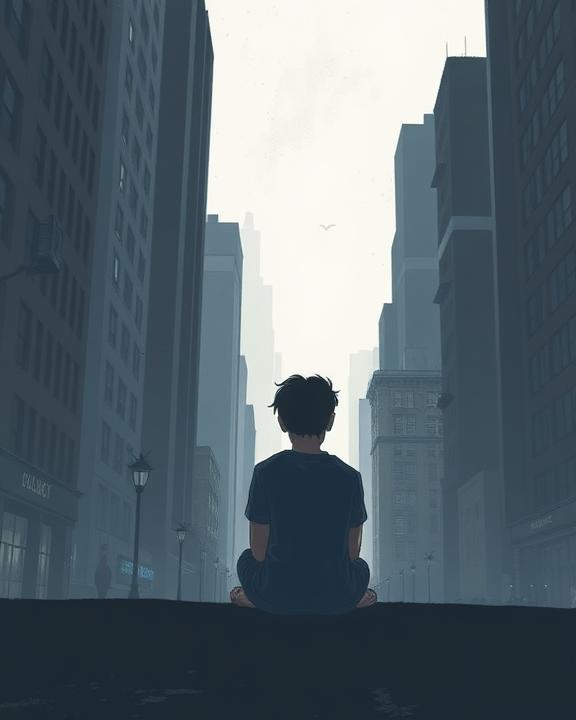 A dramatic illustration showing a young person sitting alone in a subdued, urban environment, surrounded by towering buildings. The scene should capture a sense of isolation and anxiety, with elements like shadows or muted colors representing the struggles of mental health issues among the youth.