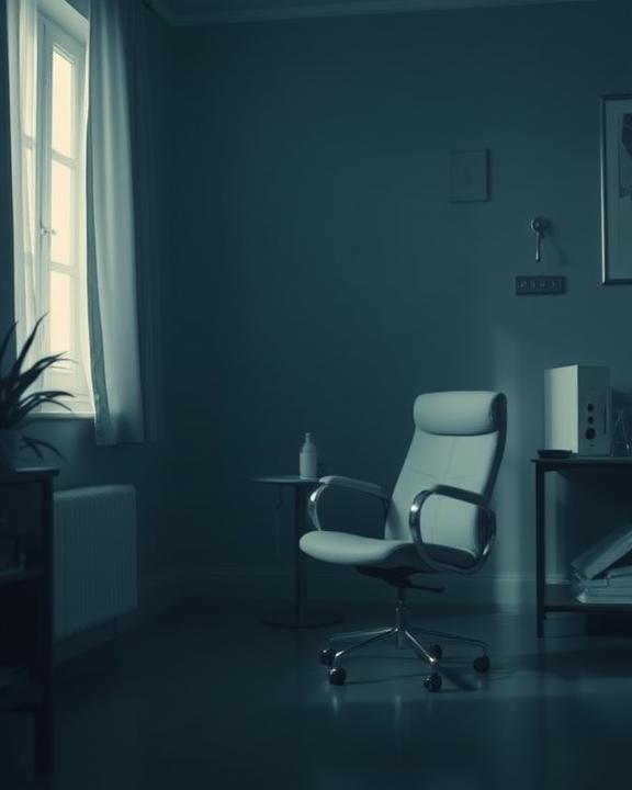 An evocative and somber depiction of a healthcare setting, focusing on a consultation room with a therapist's chair and a soft light filtering through a window. The atmosphere should convey a sense of support and empathy, highlighting the importance of mental health discussions and therapies.