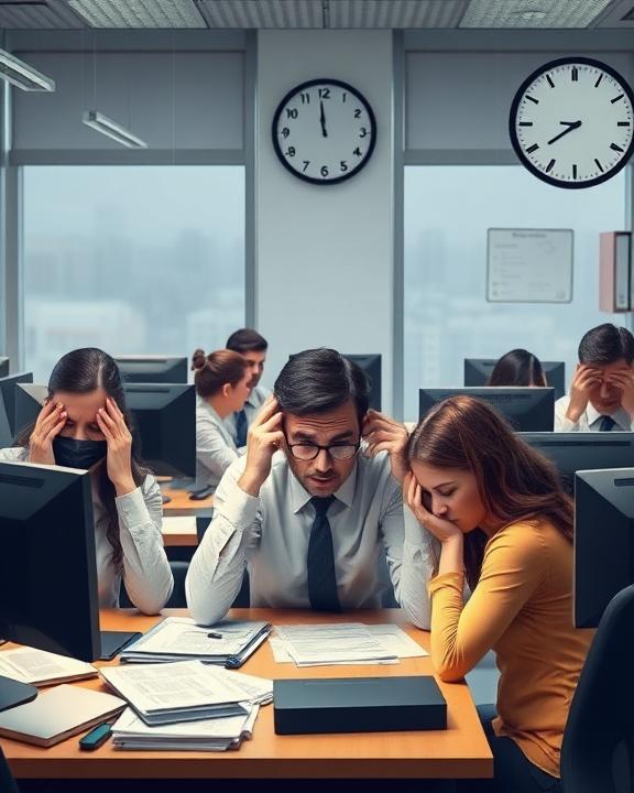 A visual depiction of mental health issues in the workplace, featuring an office setting where employees show signs of stress and anxiety.