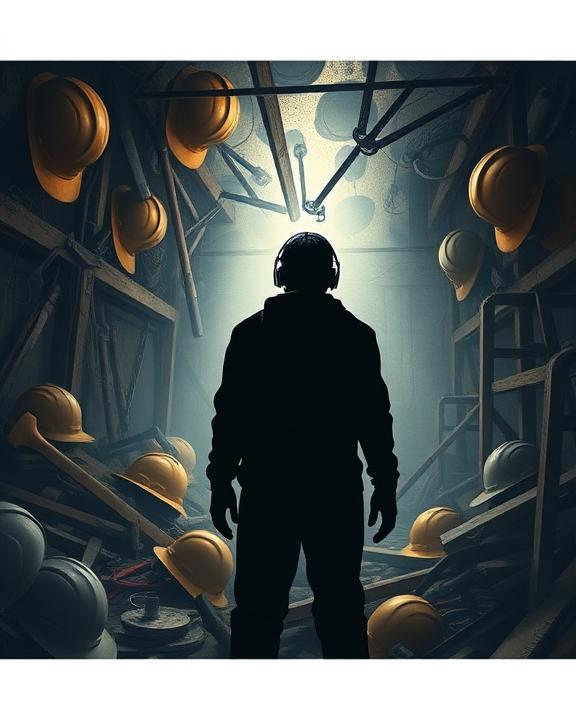 Una scena iconica e costruttivista che raffigura in modo concettuale l'impatto psicologico degli incidenti sul lavoro.