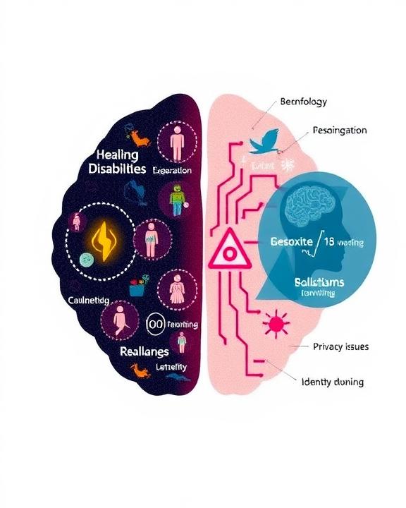 A split image of a brain, with one half showing concepts related to healing and disabilities, and the other half showing concepts related to privacy issues and hypothetical brain-computer interfaces.