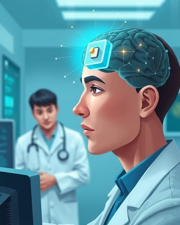 A doctor looking at a computer screen, with a colleague looking in the background. An illustration of a brain with a chip inserted into it is superimposed on the image.
