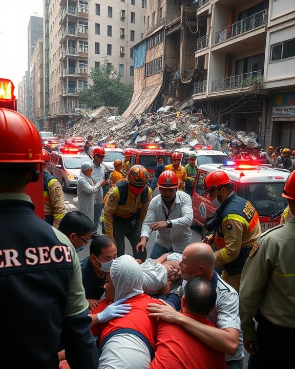 Soccorritori e detriti dopo un evento traumatico.