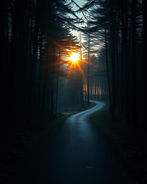 Strada curva che attraversa una foresta scura illuminata da un sole splendente al tramonto, evocando un percorso verso la guarigione e la speranza.