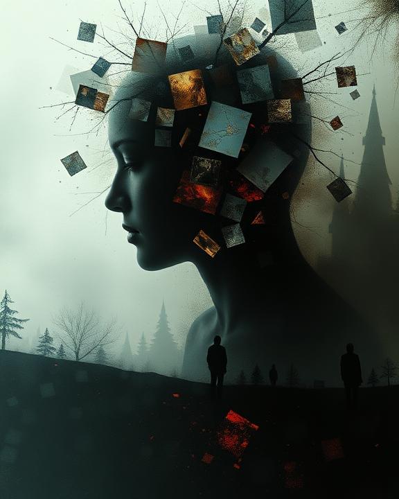 Immagine di una persona a cui frammenti di ricordi, rappresentati da immagini sfocate, si distaccano dalla testa, evocando una memoria frammentata.