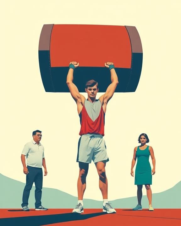 A young athlete lifting weights above his head, with two shorter figures looking up at him from a distance.