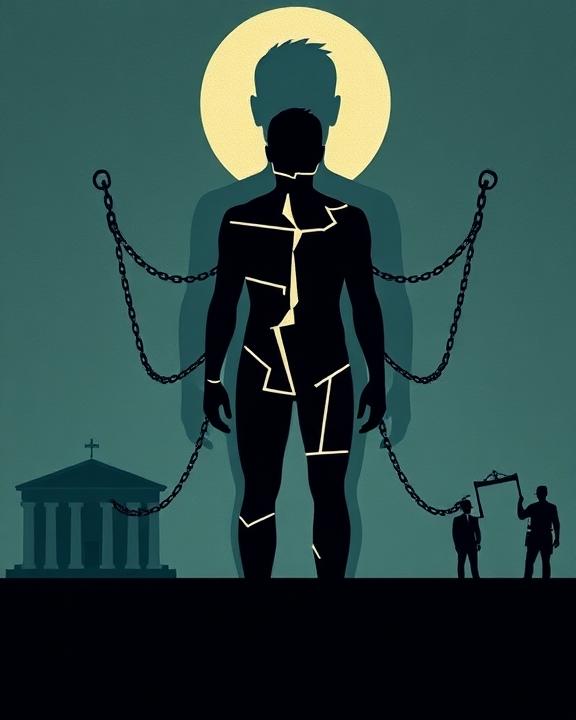 Immagine raffigurante una persona incatenata con crepe sul corpo, metafora della spirale della violenza psicologica.