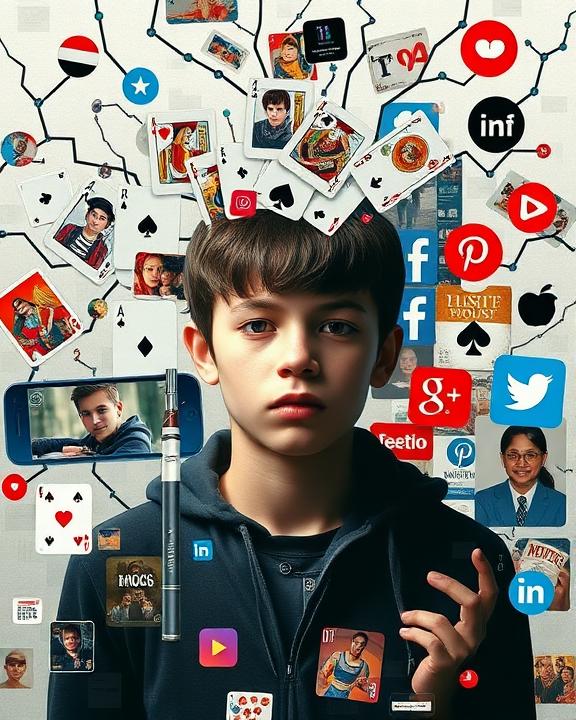 immagine stilizzata di un ragazzo con icone di social media e carte da gioco intorno alla testa