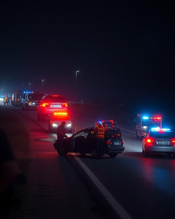 A dramatic scene illustrating an accident on a highway at night, with emergency responders assisting injured people and emergency lights flashing.