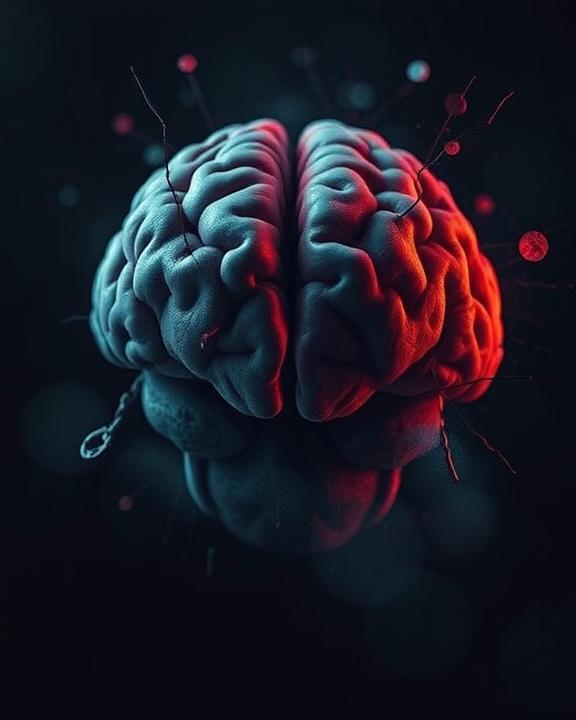 An abstract representation of mental trauma, featuring a fractured brain with shadows and lines symbolizing psychological distress.