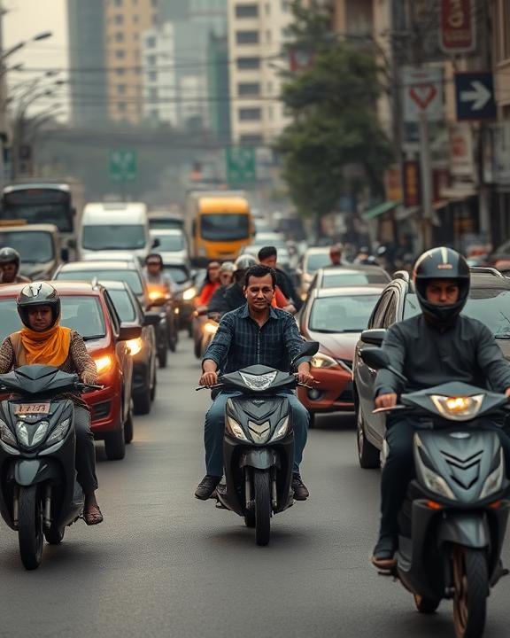 A busy city street with various modes of transportation, including cars, motorcycles, and electric scooters, reflecting urban mobility complexities.
