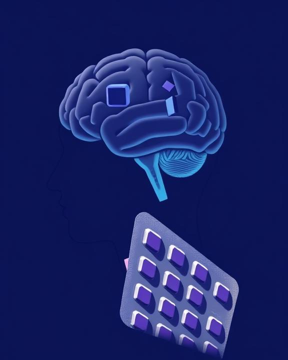 Rappresentazione concettuale dell'impatto dell'automedicazione psichiatrica sugli adolescenti. Mostra un cervello stilizzato circondato da forme geometriche che simboleggiano la fragilità cognitiva. Un adolescente teso verso farmaci, rappresentando la lotta con l'automedicazione e le dipendenze moderne.