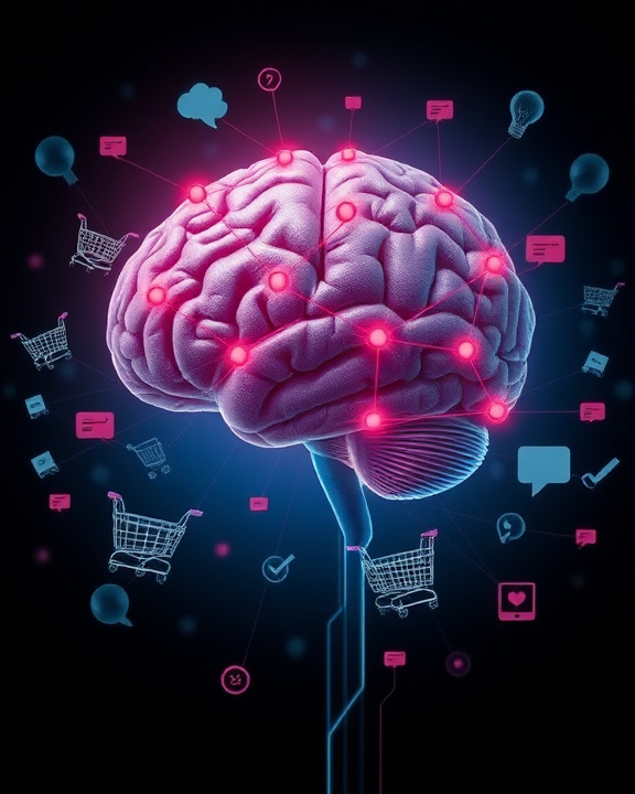 A human brain connected to various glowing icons like shopping carts and question marks, symbolizing the neurological processes involved in marketing and purchasing decisions.