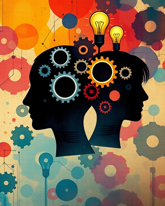 Two silhouetted heads facing away from each other, filled with gears and lightbulbs, symbolizing the cognitive biases and decision-making processes in the human mind within the context of neuromarketing.