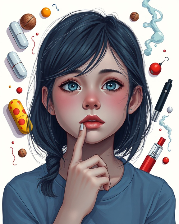 Vista neoplastica e costruttivista di un'adolescente con espressione pensierosa, affiancata da una compressa stilizzata e una sigaretta elettronica