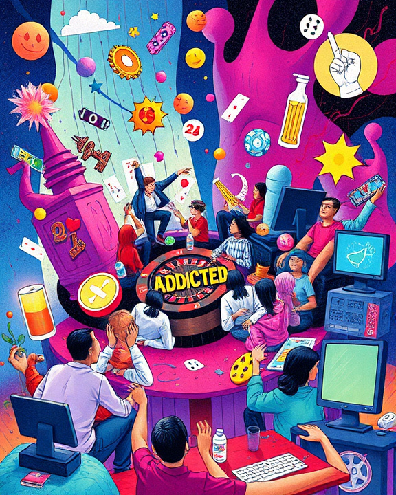 Vibrant illustration of youth addiction, showing gambling, substance use and digital gaming influences in an abstract and engaging way.