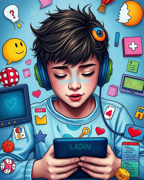 Artistic representation of a teenager immersed in digital media, illustrating the impact of online activities on mental health.