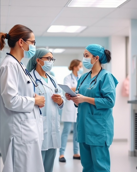 Una scena di lavoro integrata e armoniosa in un contesto sanitario, mostrando infermieri e medici che collaborano in modo efficace, riflettendo un ambiente positivo e di supporto, con simboli di lavoro di squadra e comunicazione.