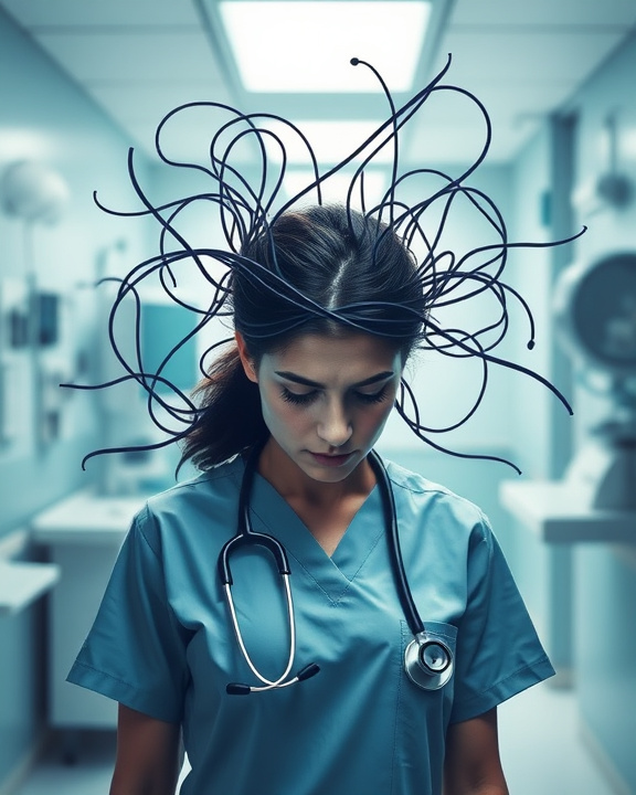 Una visualizzazione che illustra il concetto di stress e burnout nei professionisti sanitari, mostrando un'infermiera in un ambiente ospedaliero, circondata da elementi visivi che rappresentano stress come linee intrecciate o ombre che simboleggiano ansia.