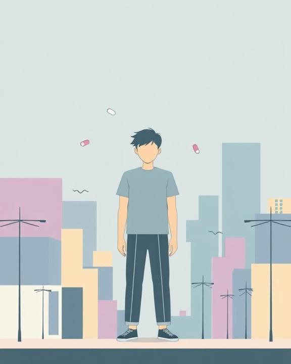 Boy amidst city buildings, with social media icons and notifications floating around, illustrating digital influences.