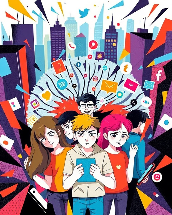 Group of diverse teenagers in a city with social media graphics, showcasing emotional reactions to digital engagement.