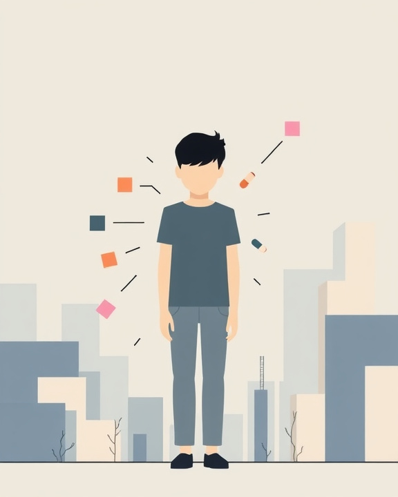 Boy surrounded by abstract elements and medicine pills, representing emotional discomfort.