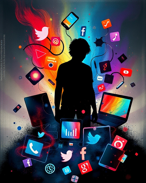 Un uomo stilizzato in silhouette con la testa rivolta verso il basso, circondato da una miriade di icone di social media e app digitali che fluttuano e si interconnettono con la sua mente e il suo corpo. I colori vivaci e le forme astratte sullo sfondo enfatizzano la natura pervasiva e a volte caotica delle connessioni digitali nella vita moderna.