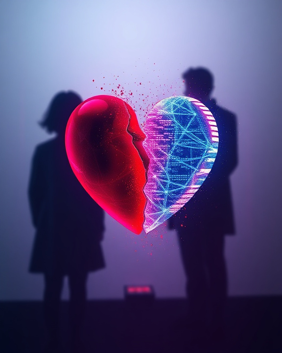 Un cuore spezzato in due, una metà in ceramica rossa con delle scheggiature e l'altra metà composta da un circuito stampato blu brillante con elementi grafici che ricordano una rete digitale, a simboleggiare l'impatto delle relazioni digitali sulla salute emotiva.