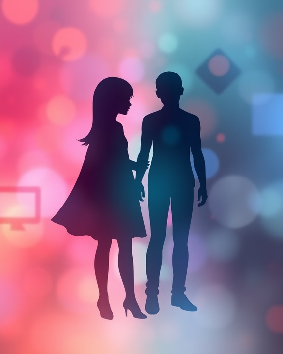 Coppia stilizzata che si tiene per mano contro uno sfondo sfocato e colorato, con forme geometriche e luci, a simboleggiare le dinamiche relazionali nell'era digitale.