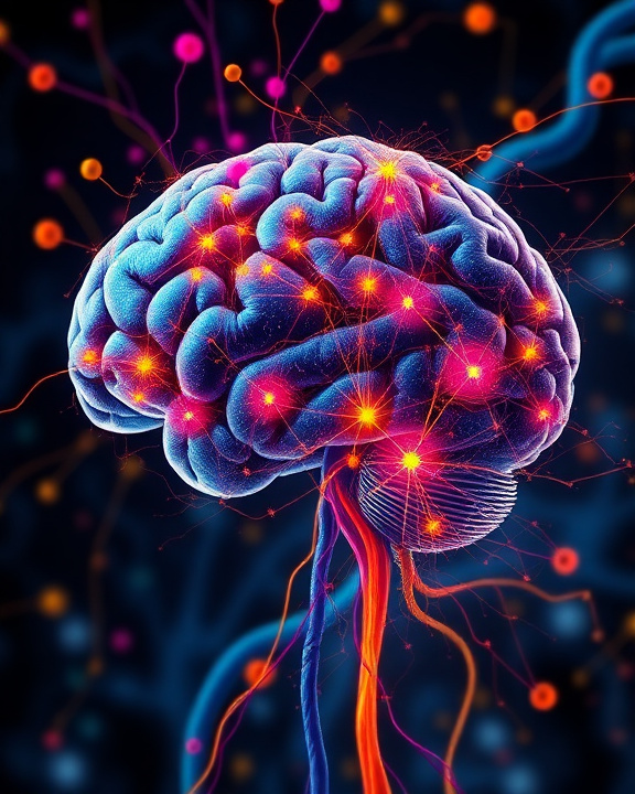 A stylized, glowing image of a human brain with interconnected neural pathways highlighted in vibrant orange, pink, and red, representing brain activity and complex neurological processes against a dark background.