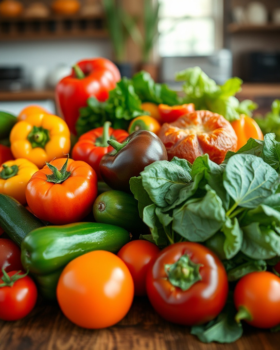 A vibrant collection of fresh vegetables, including red and yellow bell peppers, tomatoes, zucchini, and leafy greens, are artfully arranged, promising a healthful and flavorful culinary experience.