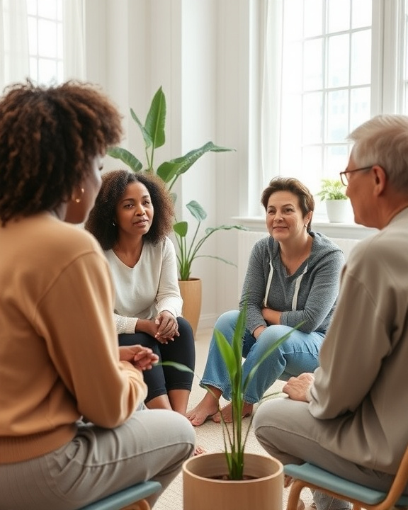 A serene image representing psychological resilience and recovery, featuring a group of diverse individuals engaging in a supportive group therapy session.