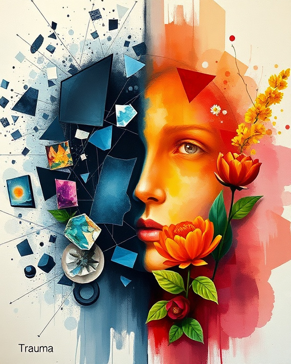 An abstract representation of trauma and healing, with contrasting images symbolizing pain and recovery.