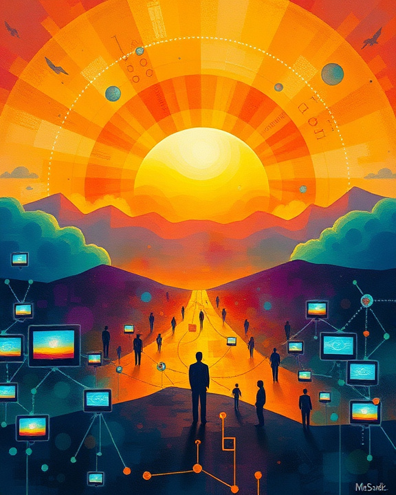 Immagine di persone che camminano su una strada illuminata verso un sole che sorge con linee di codice binario e schermi digitali che fluttuano ai lati.