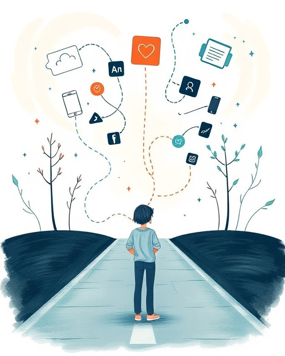 Immagine di una persona da sola su un sentiero, con icone di app e social media come nuvole che fluttuano sopra, simboleggiando le influenze digitali nel percorso individuale.