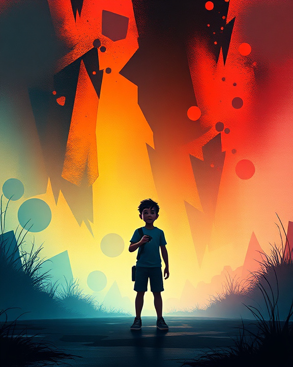 A conceptual illustration representing the intersection of gaming and psychological healing. The scene portrays a serene digital landscape with elements of a horror video game, such as eerie shadows, subtly suggesting safety and exploration. In the foreground, an avatar resembling a young player stands confidently, holding a virtual tool to interact with the environment, symbolizing agency and control. Bright colors contrast with darker hues, signifying hope amidst trauma.