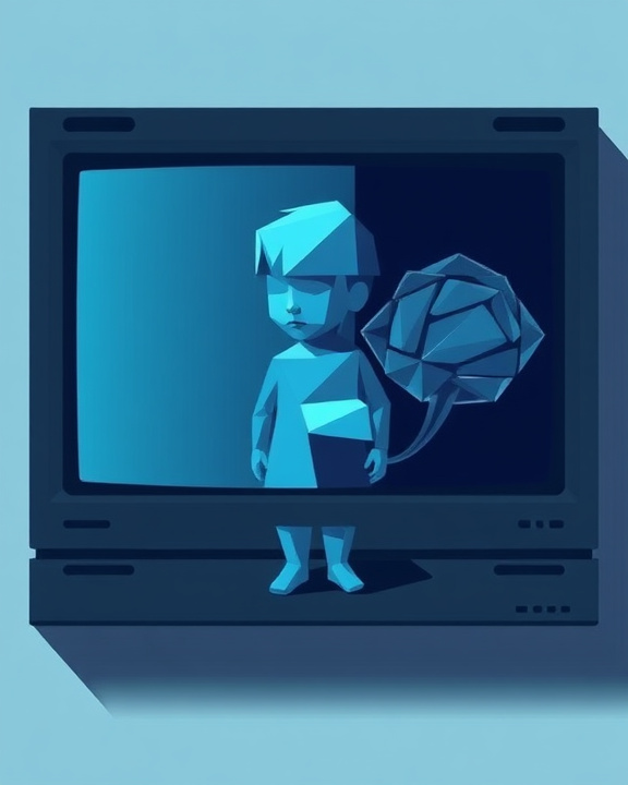 A stylized artwork inspired by neoplastic and constructivist art. Predominantly featuring pure geometric shapes and rational designs, emphasizing vertical and horizontal lines. The color scheme should be cool and desaturated. At the center, a stylized figure of a child composed of fragmented geometric blocks in shades of blue and dark gray. This figure is surrounded by elements reminiscent of a video game monitor and a stylized brain, symbolizing cognitive reprocessing and therapy.