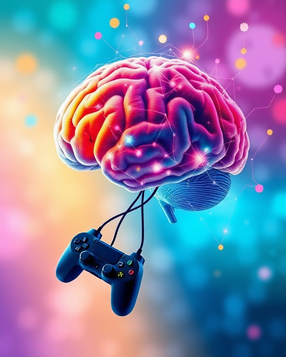 An abstract representation of the psychological processes involved in gaming therapy, showing a brain connected to gaming elements like controllers and screens in a visually engaging way. Vibrant colors represent activity and energy in the brain, while the gaming elements merge seamlessly with neural pathways, illustrating the connection between gaming and mental health.