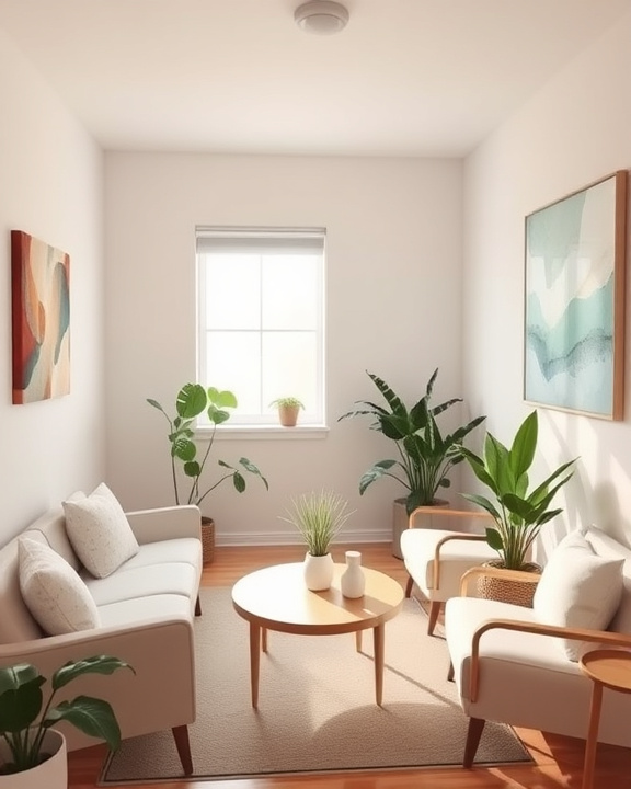 A serene and peaceful therapy room designed for trauma therapy. The room has soft, calming colors, comfortable seating, and abstract artwork on the walls that signifies healing and emotional well-being.